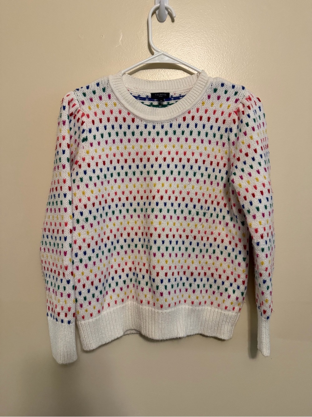 Talbots White Crewneck Sweater with Multicolor Dot Knit